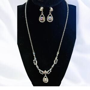 Claire's Teardrop Rhinestone Silver Tone Cable Chain Necklace & Earring Set